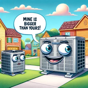 a humorous cartoon scene showing two anthropomorphic hvac units in a suburban setting, each decorated with eyes and a mouth, standing next to houses.