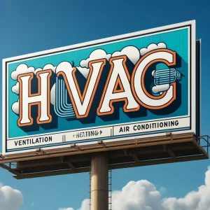 a revised large billboard design featuring the acronym hvac in bold, large letters. the background should be a vibrant blue sky with a few fluffy clou