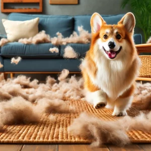 a detailed and humorous image of a corgi shedding its fur excessively. the scene takes place in a cozy living room, where tufts of fur are scattered a