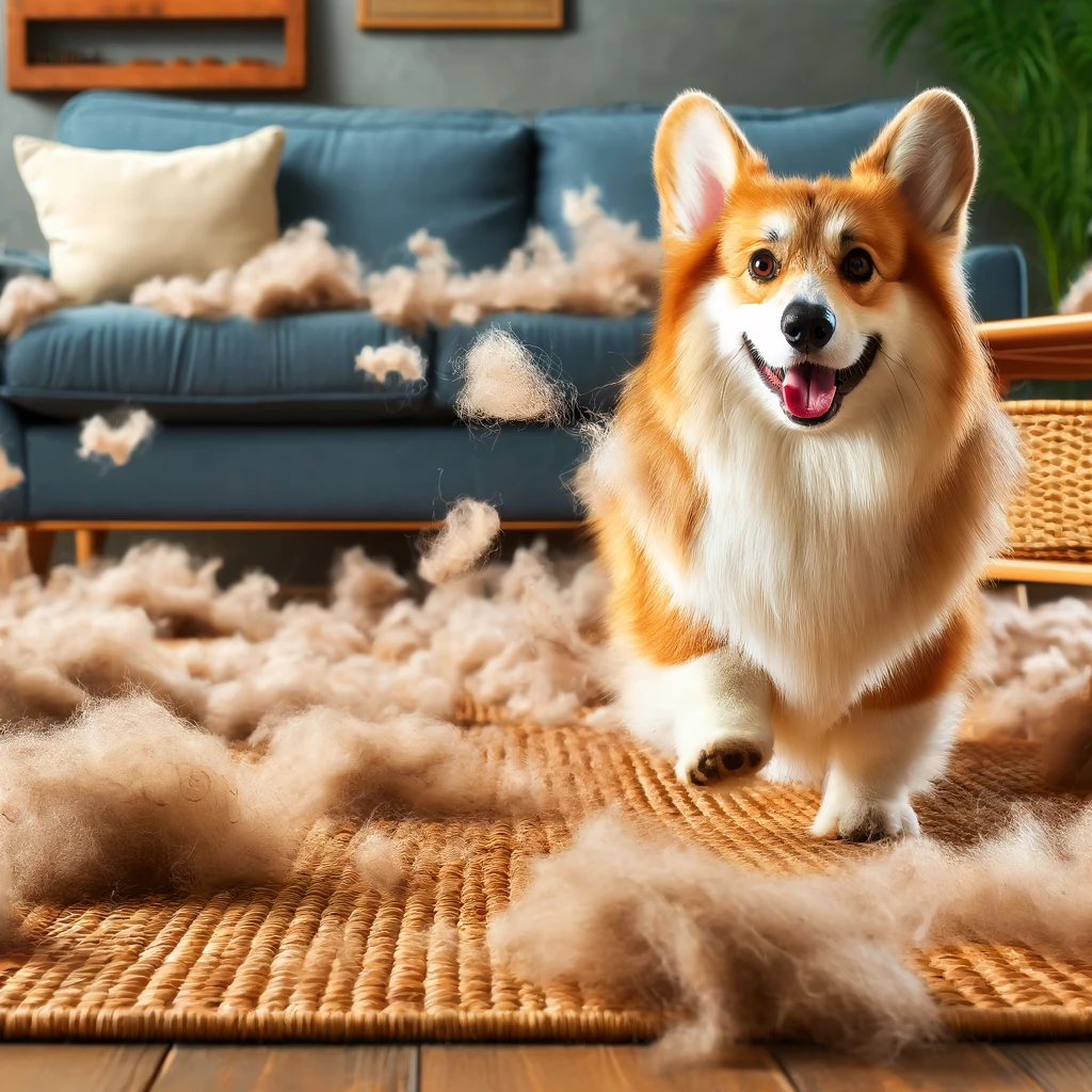 a detailed and humorous image of a corgi shedding its fur excessively. the scene takes place in a cozy living room, where tufts of fur are scattered a