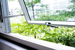 modern office windows with garden view.